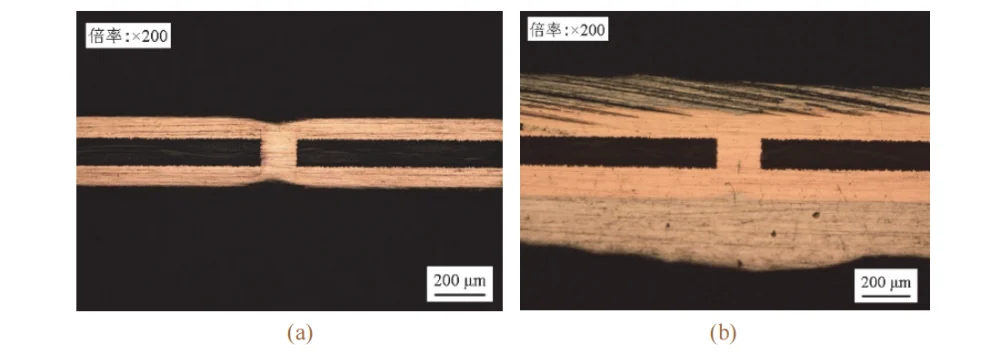 Figure 12 Metallographic images of copper-electroplated through hole after thermal shock by temperature cycling test (a)  and tin immersion test (b), respectively