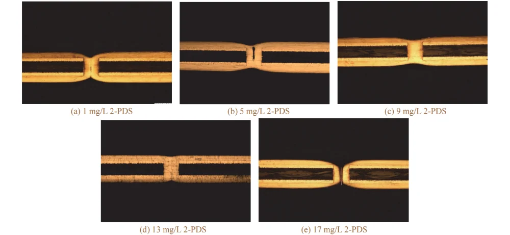 Figure 9 Cross-sectional morphologies of through holes filled by electroplating at different mass concentrations of 2-PDS
