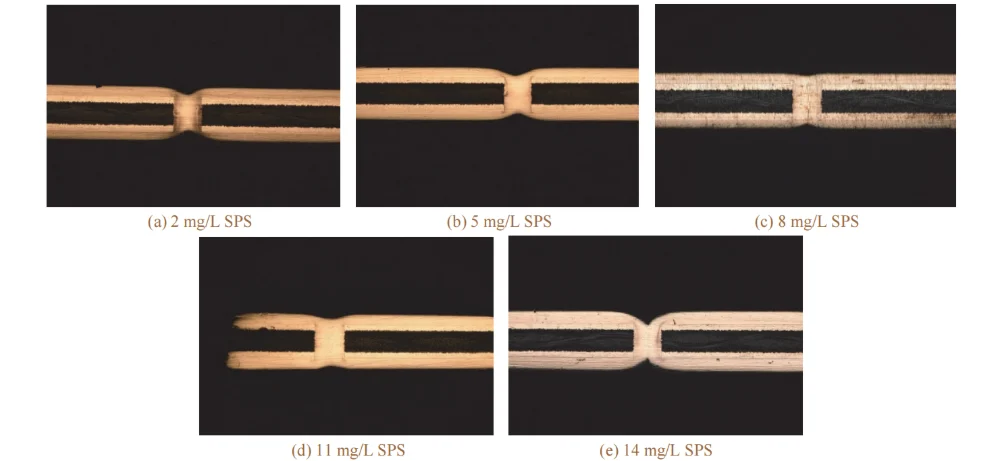 Figure 5 Cross-sectional morphologies of through holes filled by electroplating at different mass concentrations of SPS